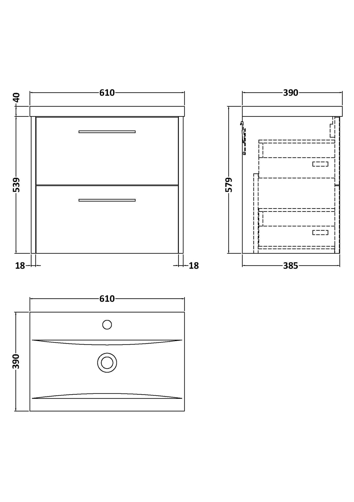 Hudson Reed 600mm Wall Hung 2 Drawer Vanity & Basin 1