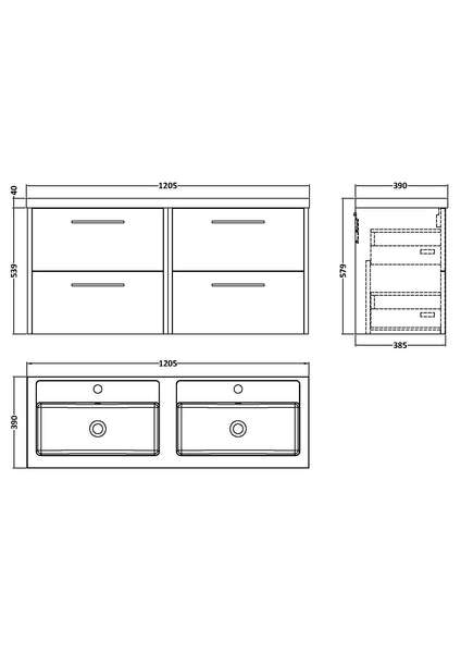 Hudson Reed 1200mm Wall Hung 4 Drawer Vanity & Double Basin