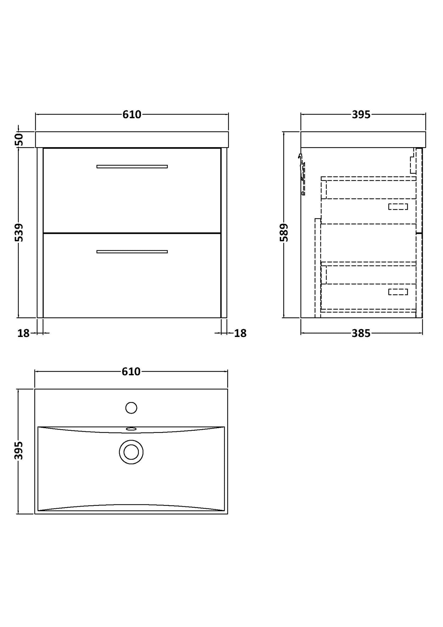 Hudson Reed 600mm Wall Hung 2 Drawer Vanity & Basin 3