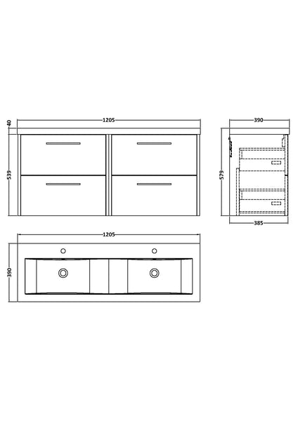 Hudson Reed 1200mm Wall Hung 4 Drawer Vanity & Double Basin