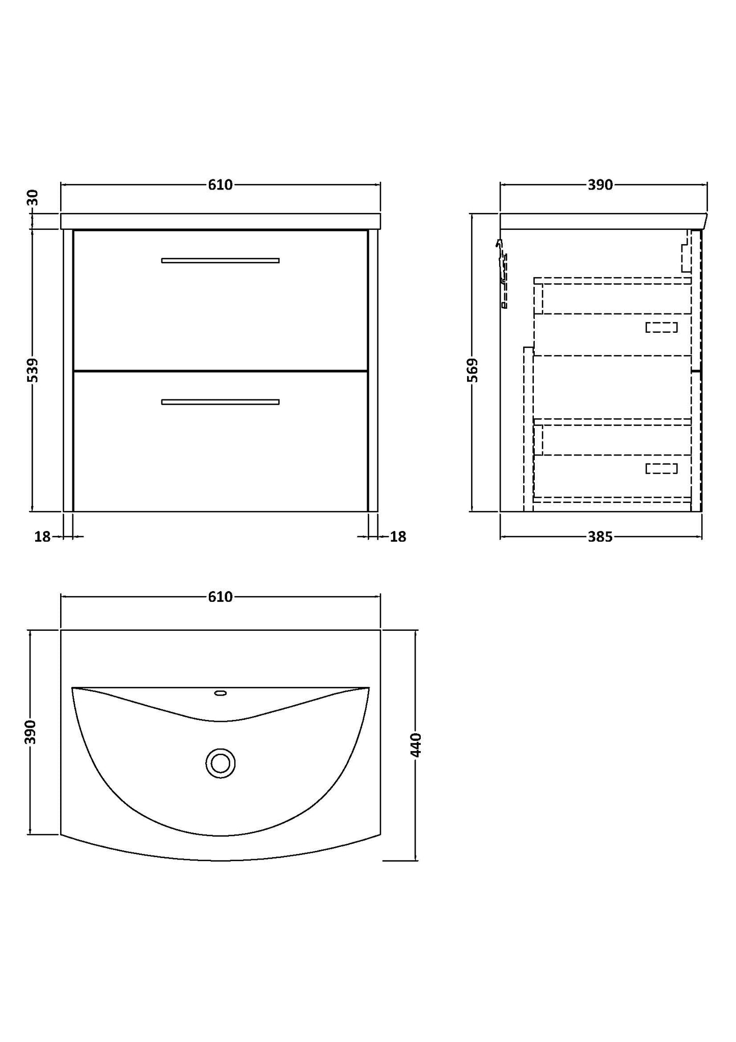 Hudson Reed 600mm Wall Hung 2 Drawer Vanity & Basin 4