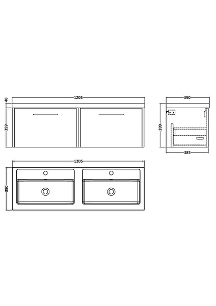Hudson Reed 1200mm Wall Hung 2-Drawer Vanity & Double Basin