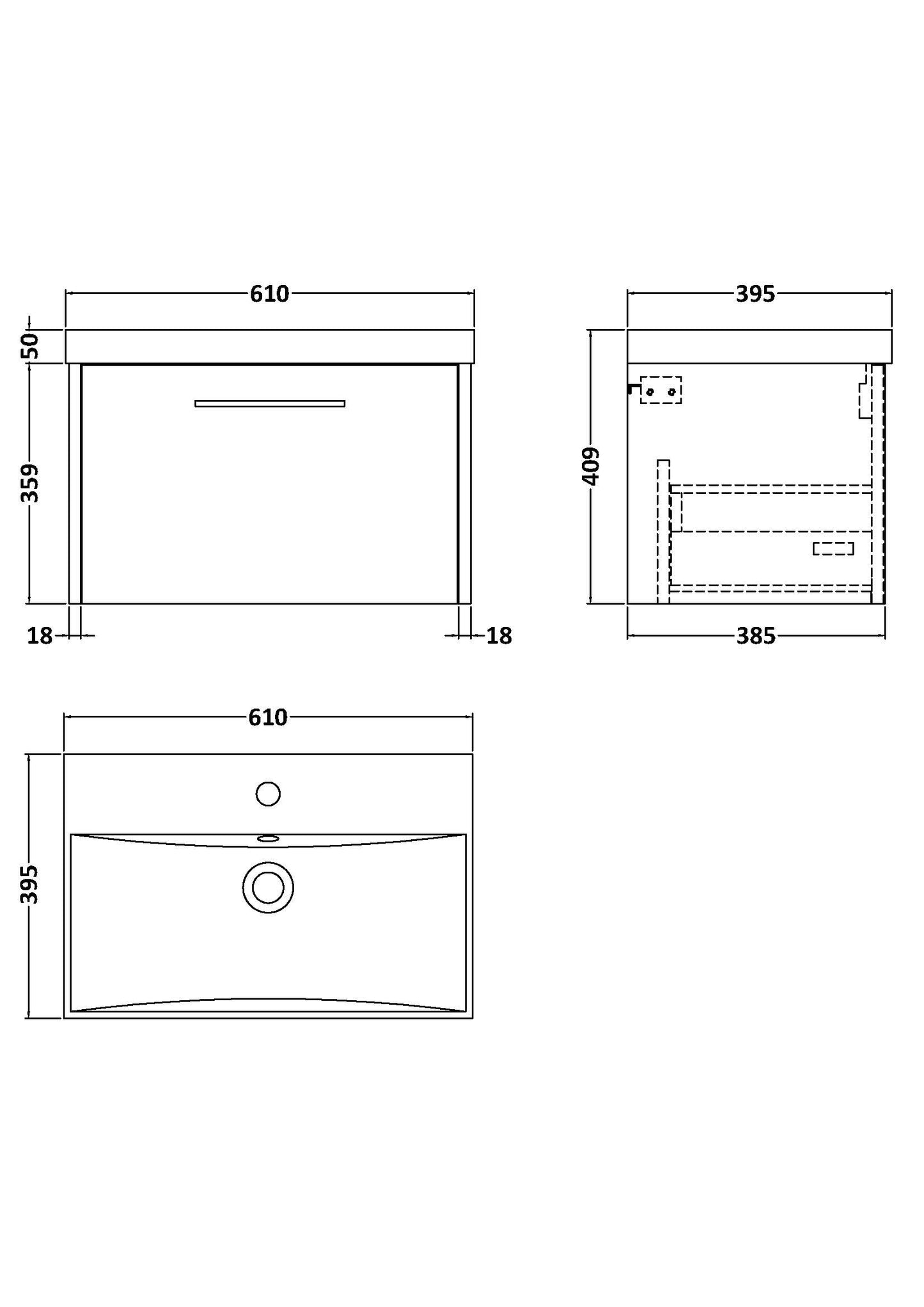 Hudson Reed 600mm Wall Hung Single Drawer Vanity & Basin 3