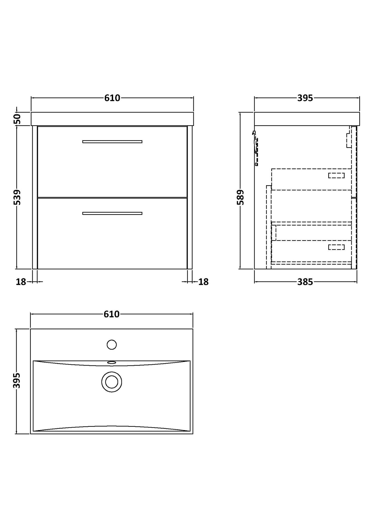 Hudson Reed 600mm Wall Hung 2-Drawer Vanity & Basin 3