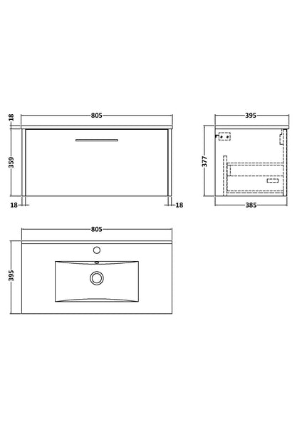 Hudson Reed 800mm Wall Hung Single Drawer Vanity & Basin 2