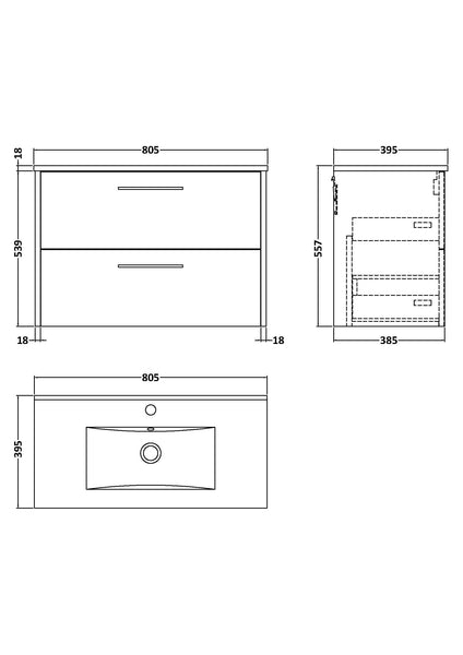 Hudson Reed 800mm Wall Hung 2-Drawer Vanity & Basin 2