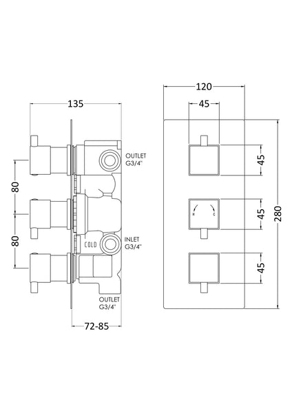 NUIE Triple Thermostatic Shower Valve With Diverter