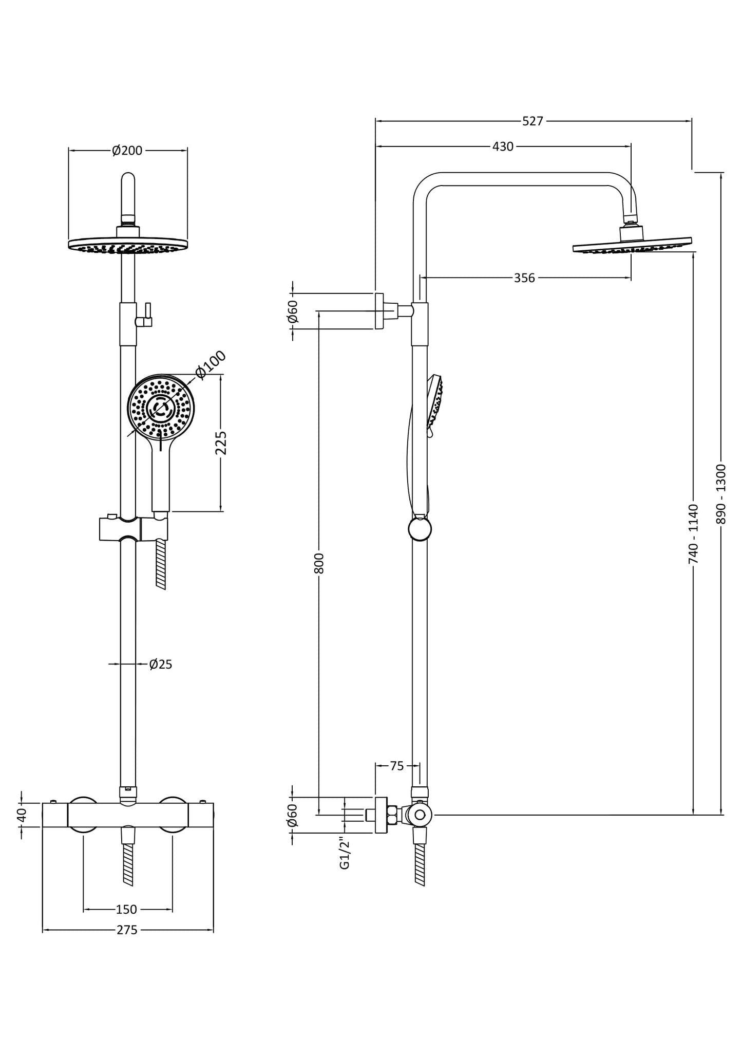 NUIE Round Thermostatic Bar Valve & Shower Kit