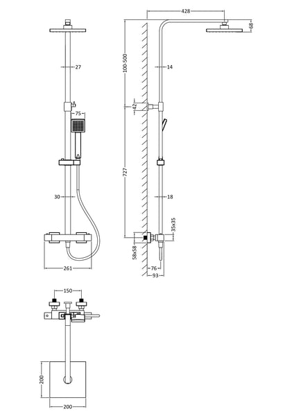 NUIE Square Thermostatic Bar Valve & Shower Kit