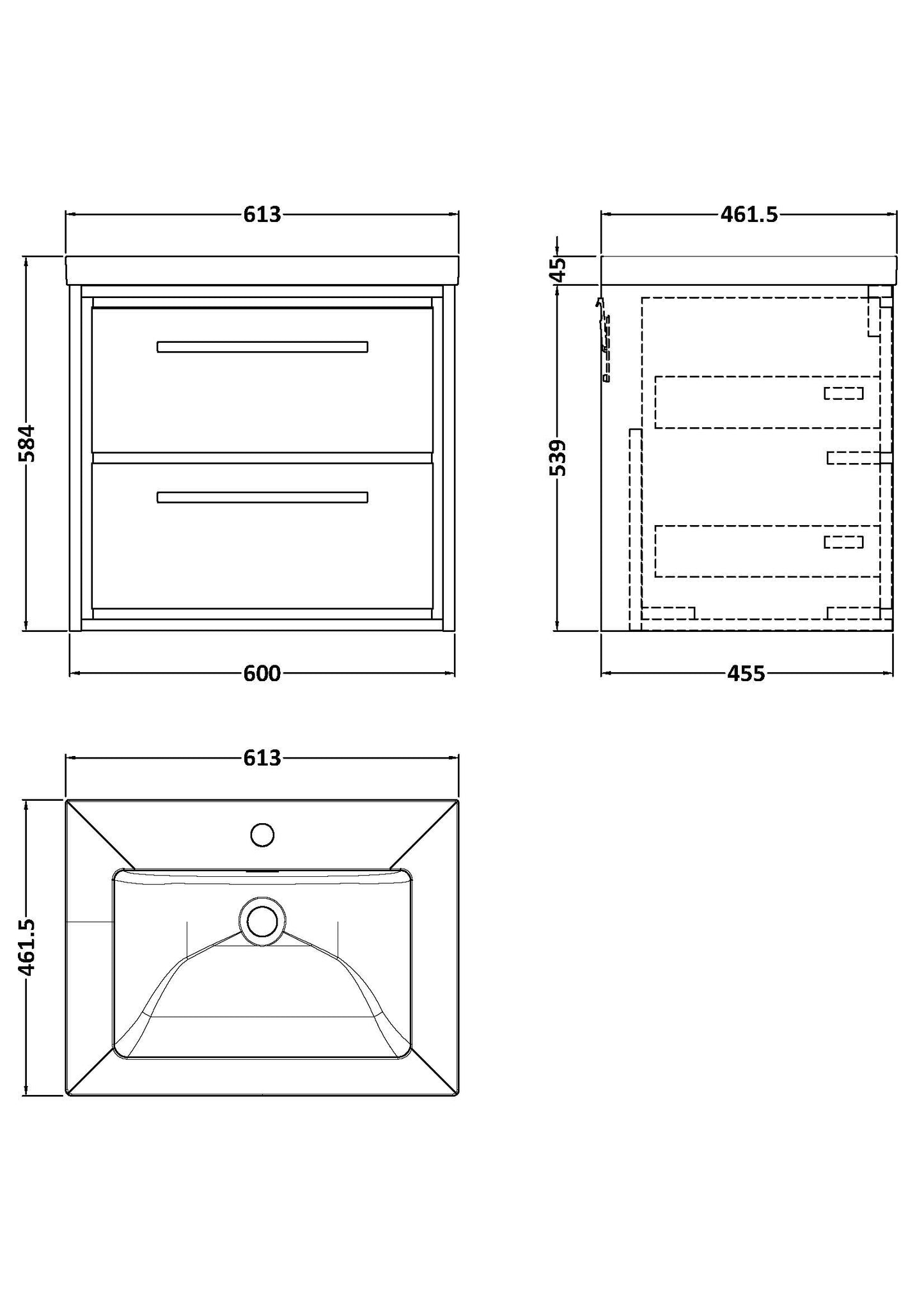 Hudson Reed 600mm Wall Hung 2-Drawer Vanity with Basin - 1 Tap Hole
