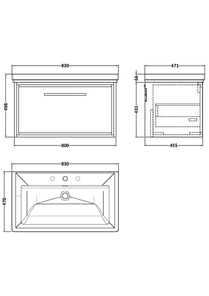 Hudson Reed 800mm Wall Hung Single Drawer Vanity with Basin - 3 Tap Hole