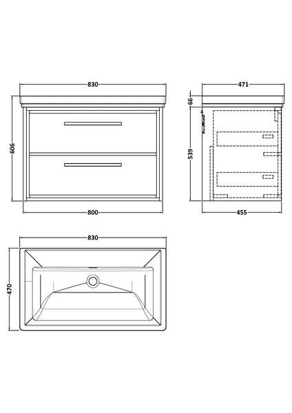 Hudson Reed 800mm Wall Hung 2-Drawer Vanity with Basin - 0 Tap Hole