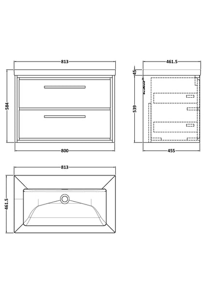 Hudson Reed 800mm Wall Hung 2-Drawer Vanity with Basin - 0 Tap Hole