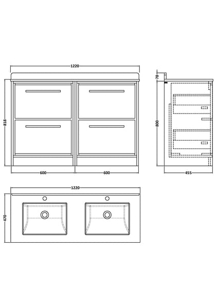 Hudson Reed 1200mm Floor Standing 4-Drawer Vanity with Marble Worktop Basin