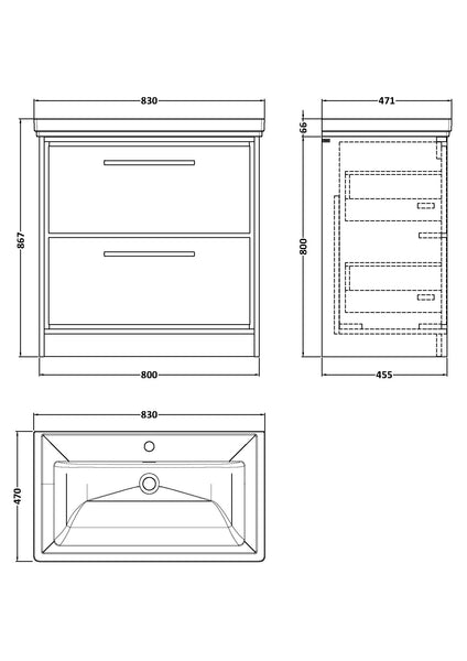 Hudson Reed 800mm Floor Standing 2-Drawer Vanity with Basin - 1 Tap Hole