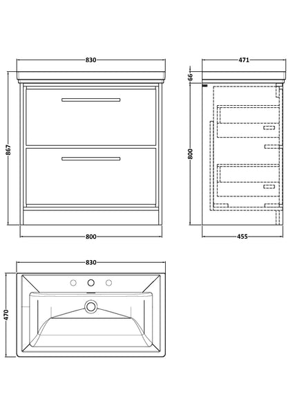 Hudson Reed 800mm Floor Standing 2-Drawer Vanity with Basin - 3 Tap Hole