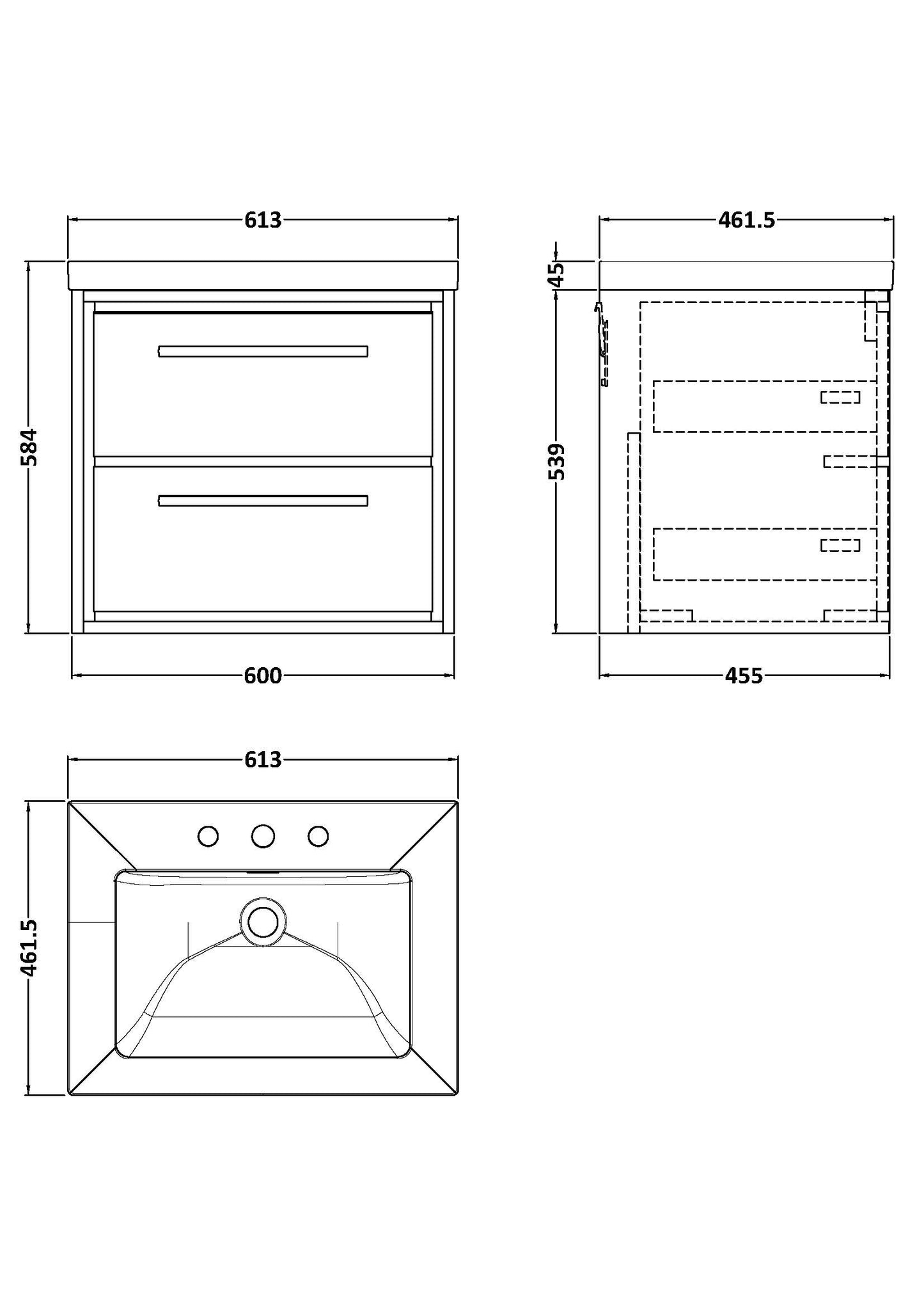 Hudson Reed 600mm Wall Hung 2-Drawer Vanity with Basin - 3 Tap Hole