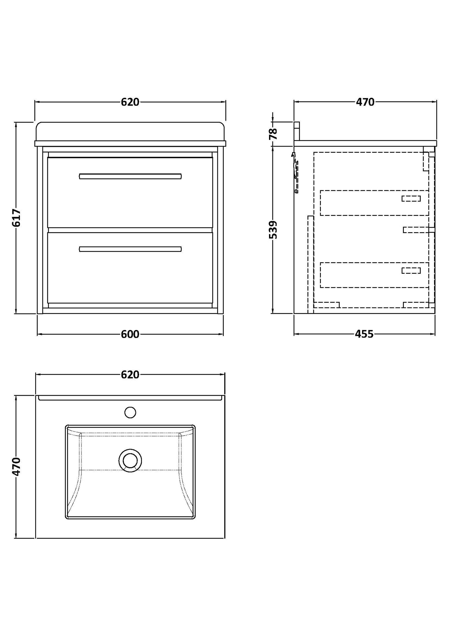 Hudson Reed 600mm Wall Hung 2-Drawer Vanity with Marble Worktop Basin