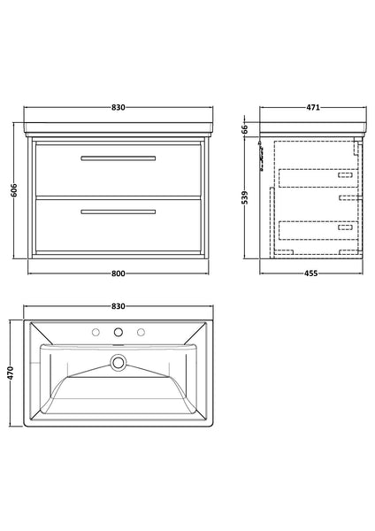 Hudson Reed 800mm Wall Hung 2-Drawer Vanity with Basin - 3 Tap Hole