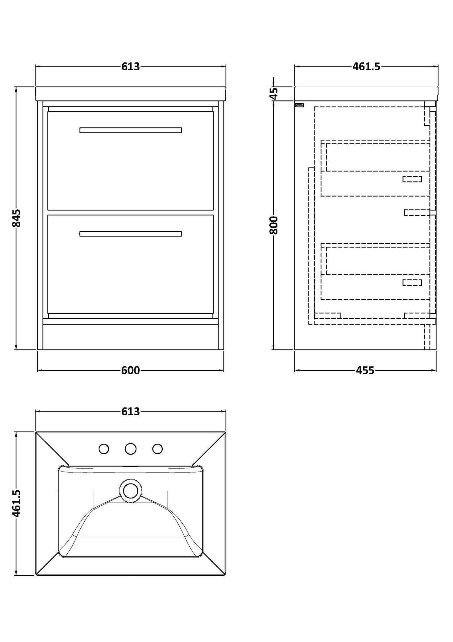 Hudson Reed 600mm Floor Standing 2-Drawer Vanity with Basin - 3 Tap Hole