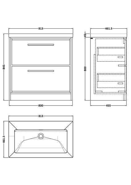 Hudson Reed 800mm Floor Standing 2-Drawer Vanity with Basin - 0 Tap Hole