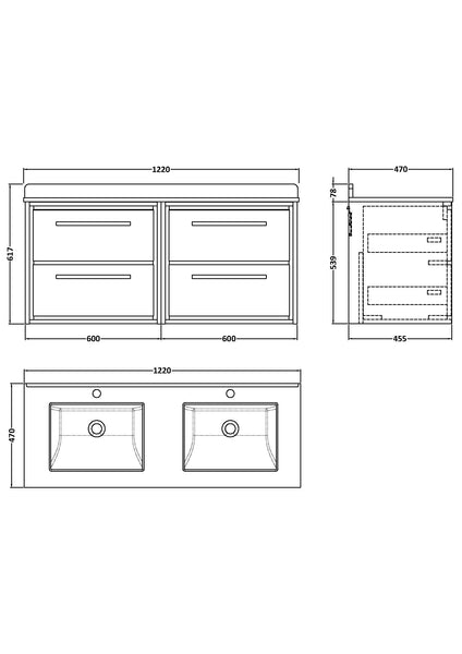 Hudson Reed 1200mm Wall Hung 4-Drawer Vanity with Marble Worktop Basin