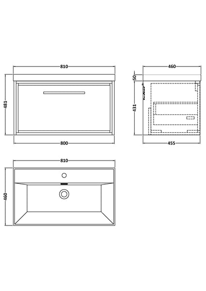 Hudson Reed 800mm Wall Hung Single Drawer Vanity with Basin - 1 Tap Hole