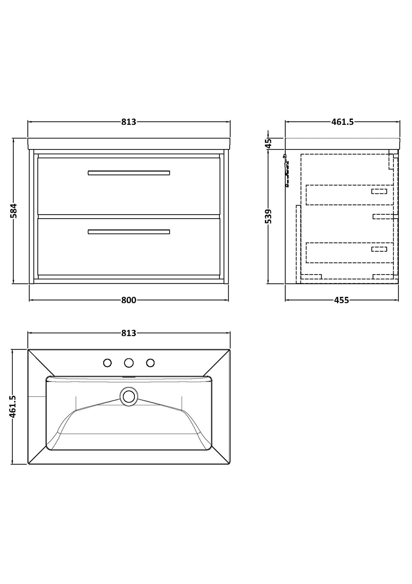 Hudson Reed 800mm Wall Hung 2-Drawer Vanity with Basin - 3 Tap Hole