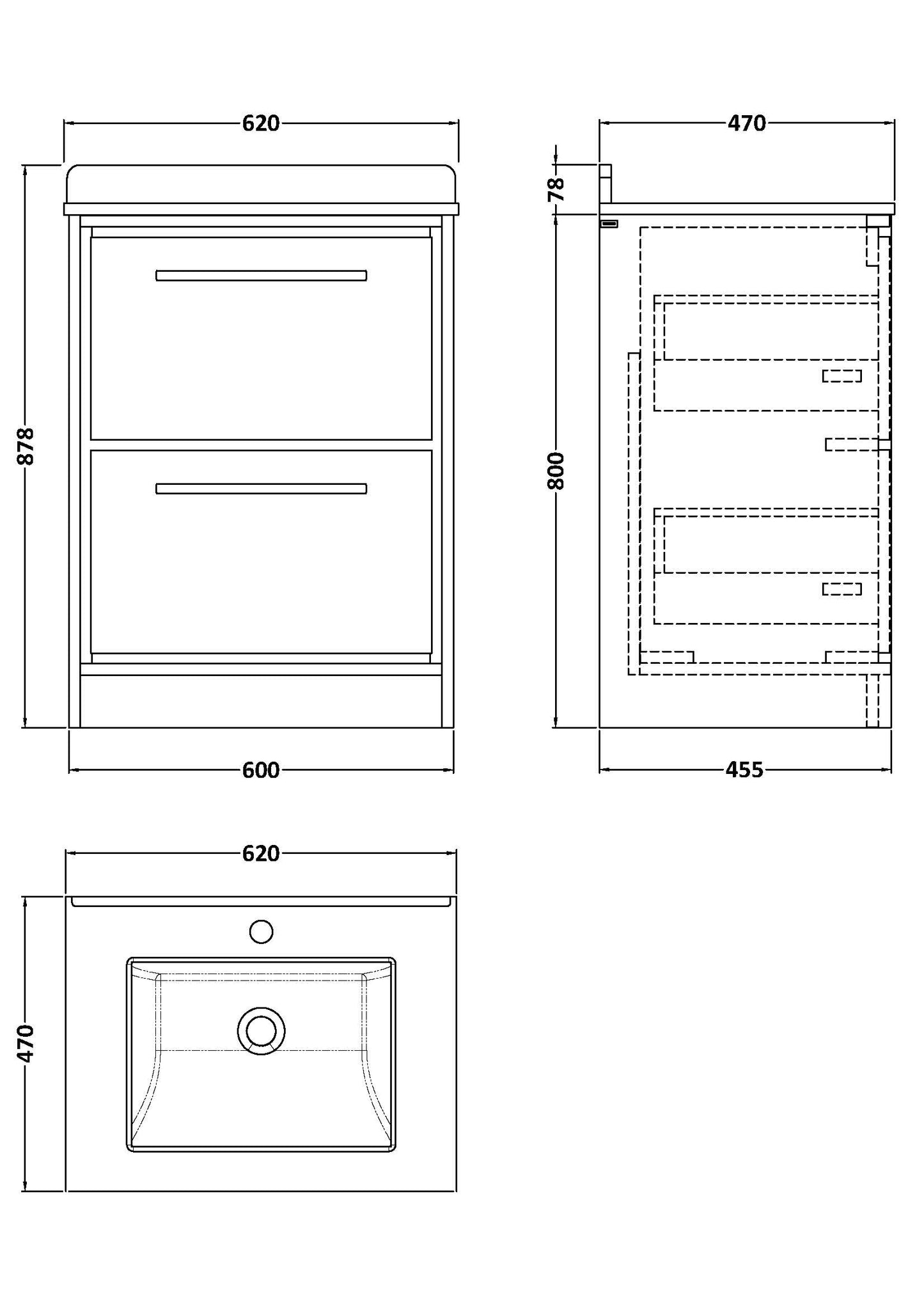 Hudson Reed 600mm Floor Standing 2-Drawer Vanity with Marble Worktop Basin