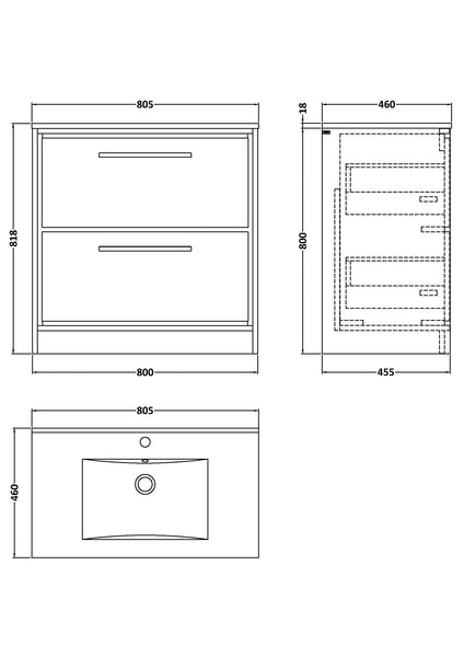Hudson Reed 800mm Floor Standing 2-Drawer Vanity with Basin - 1 Tap Hole