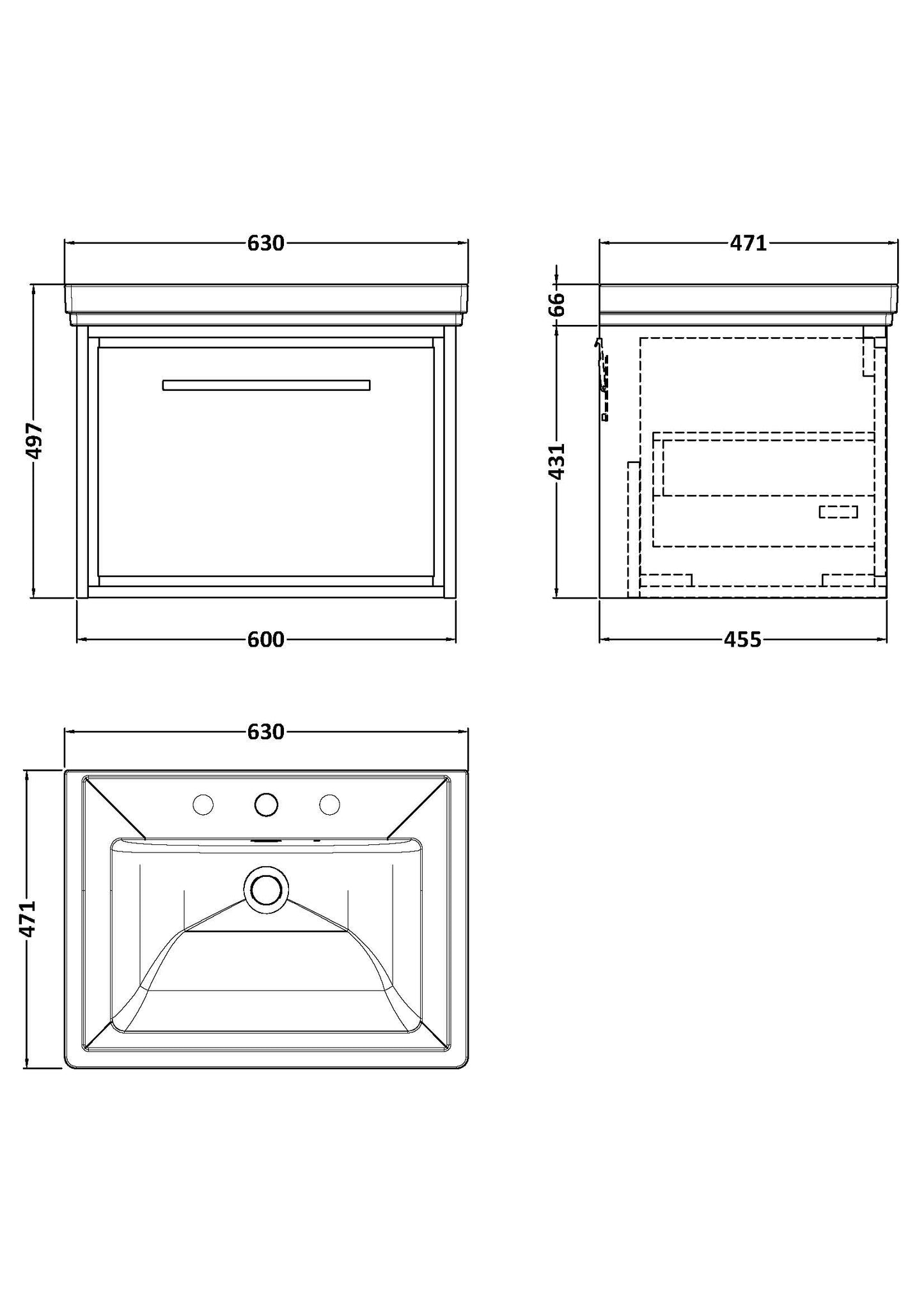 Hudson Reed 600mm Wall Hung Single Drawer Vanity with Basin - 3 Tap Hole