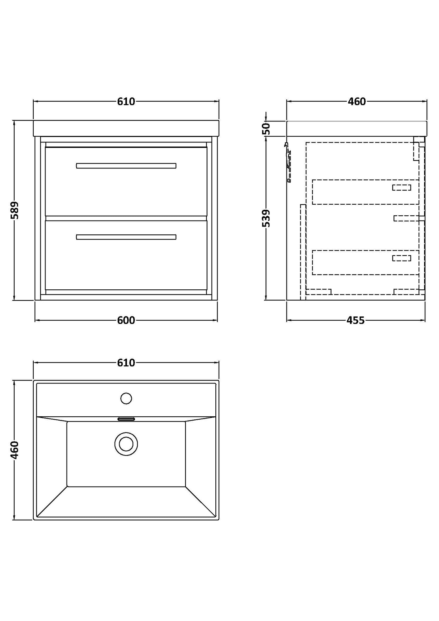 Hudson Reed 600mm Wall Hung 2-Drawer Vanity with Basin - 1 Tap Hole