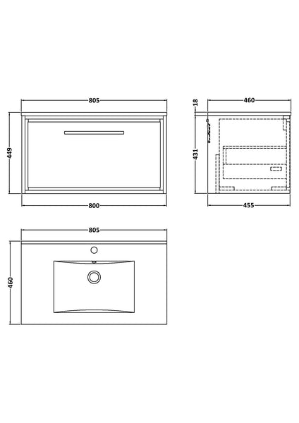 Hudson Reed 800mm Wall Hung Single Drawer Vanity with Basin - 1 Tap Hole