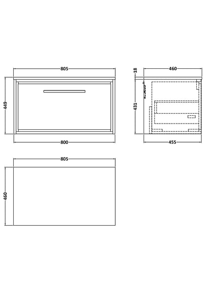 Hudson Reed 800mm Wall Hung Single Drawer Vanity with Worktop