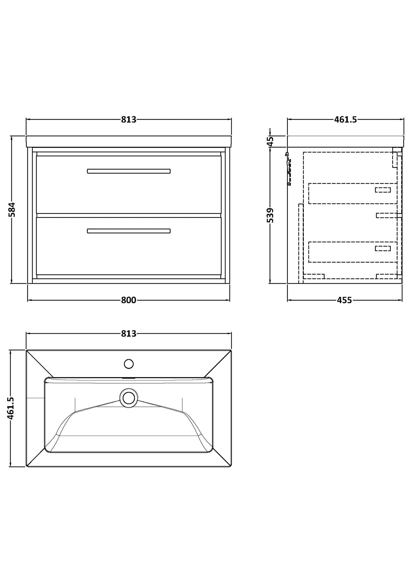 Hudson Reed 800mm Wall Hung 2-Drawer Vanity with Basin - 1 Tap Hole