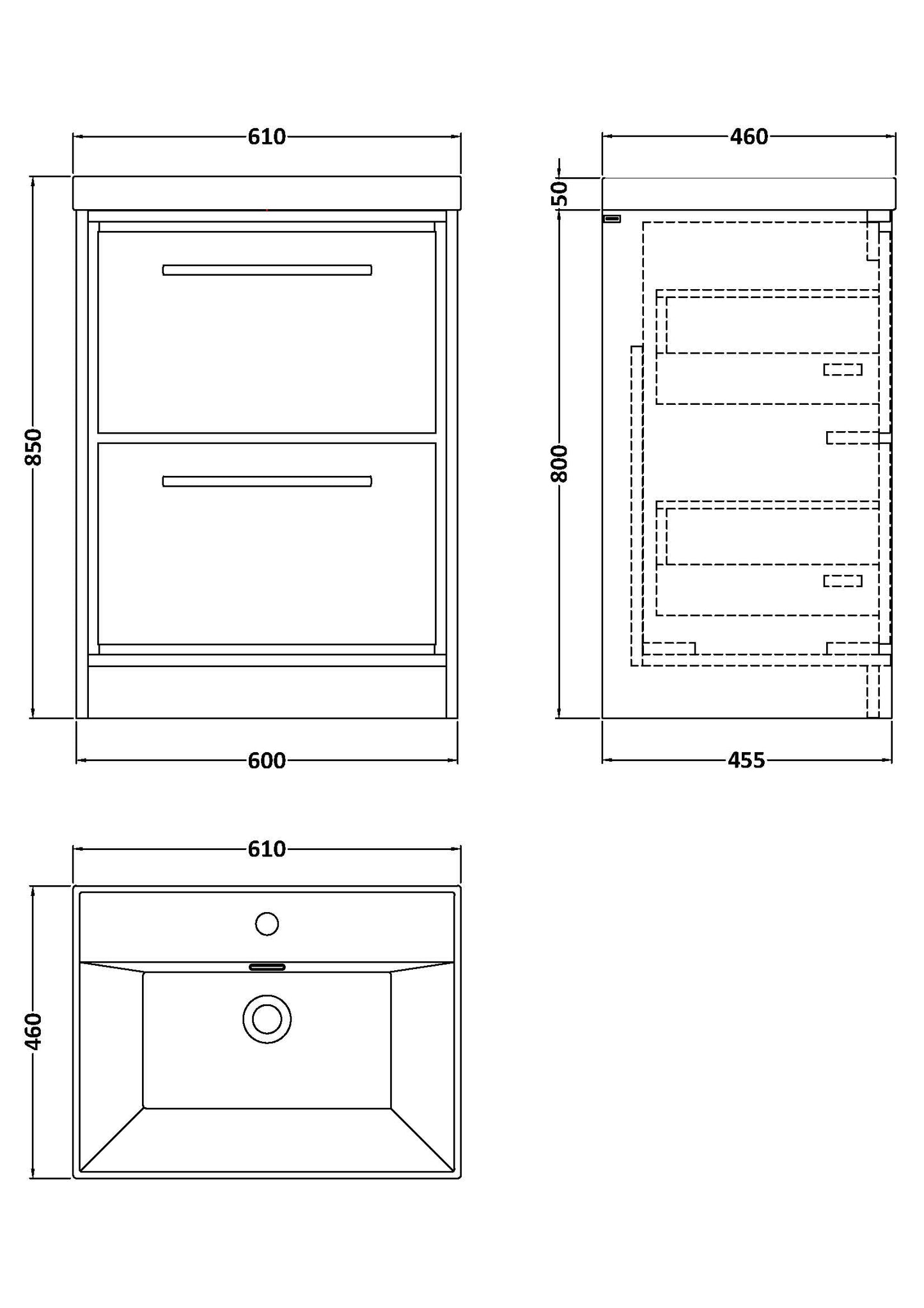 Hudson Reed 600mm Floor Standing 2-Drawer Vanity with Basin - 1 Tap Hole