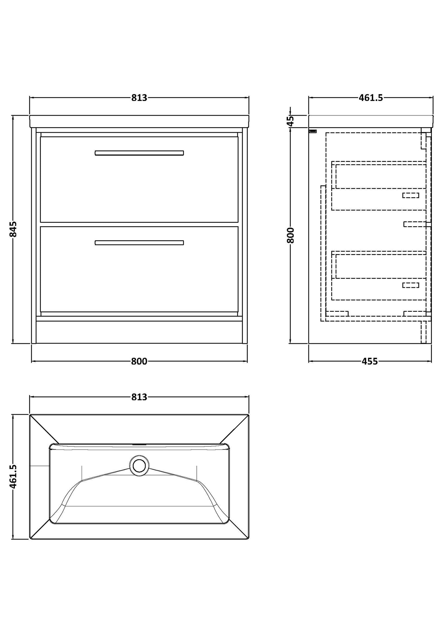 Hudson Reed 800mm Floor Standing 2-Drawer Vanity with Basin - 0 Tap Hole
