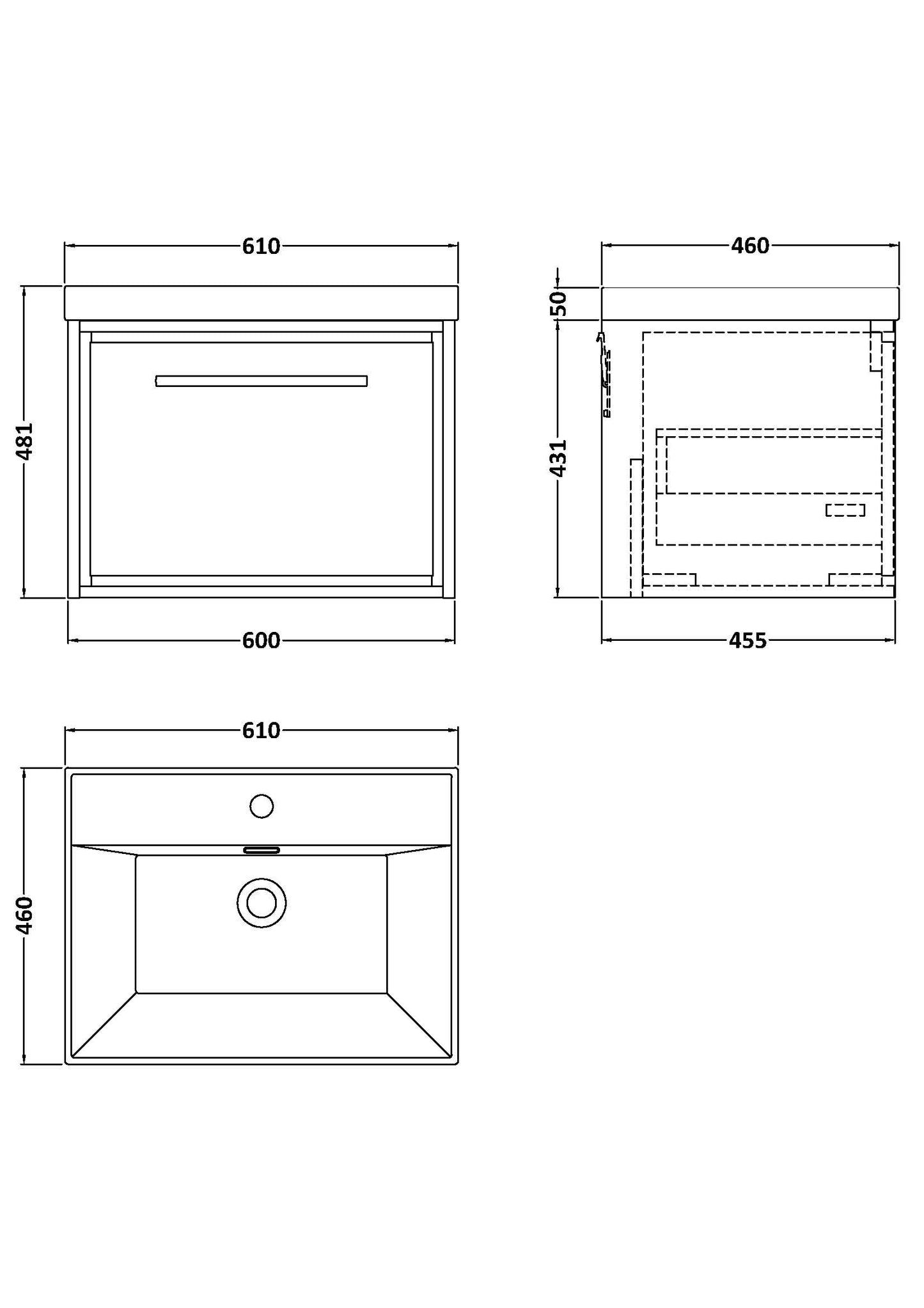Hudson Reed 600mm Wall Hung Single Drawer Vanity with Basin - 1 Tap Hole