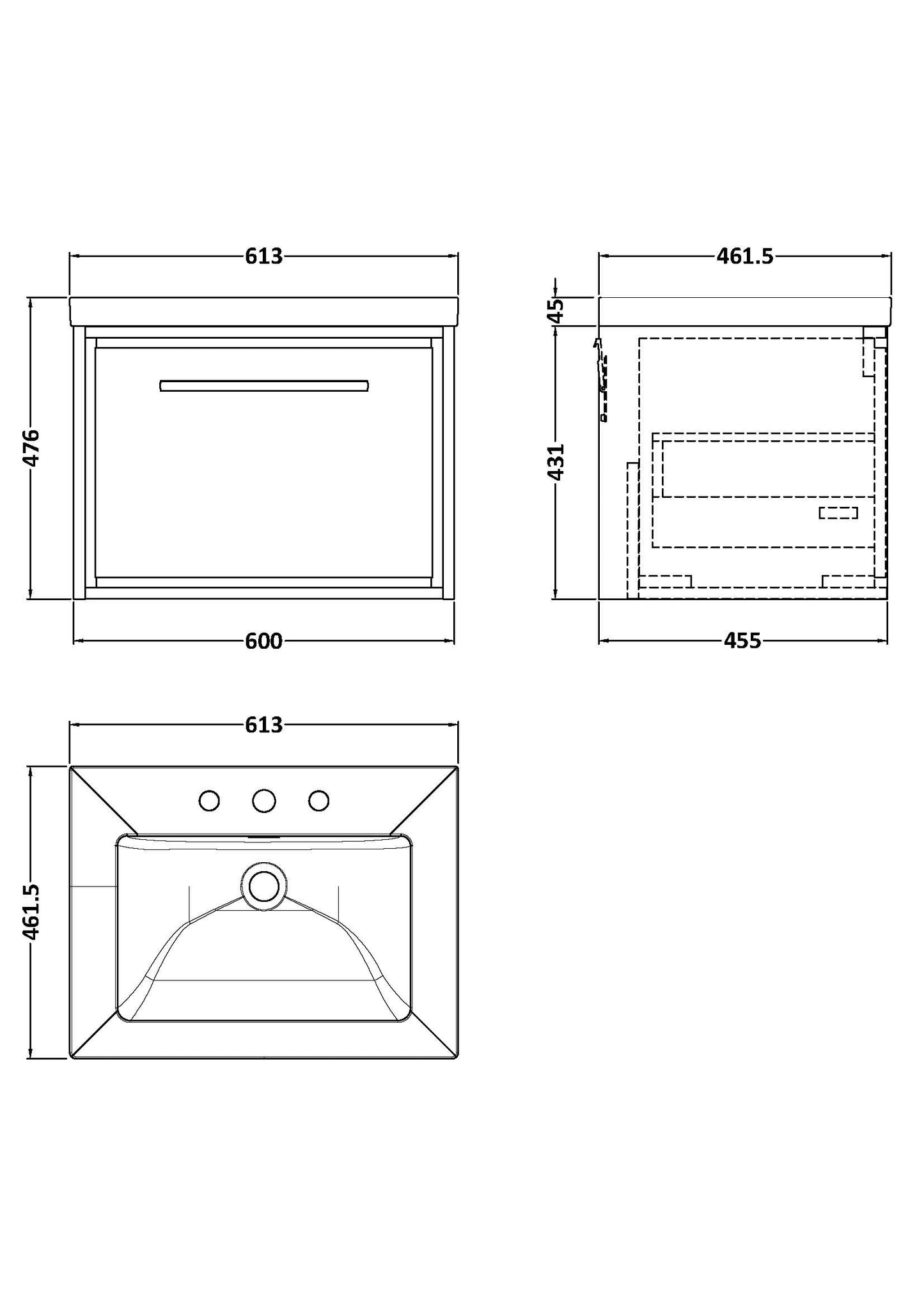 Hudson Reed 600mm Wall Hung Single Drawer Vanity with Basin - 3 Tap Hole