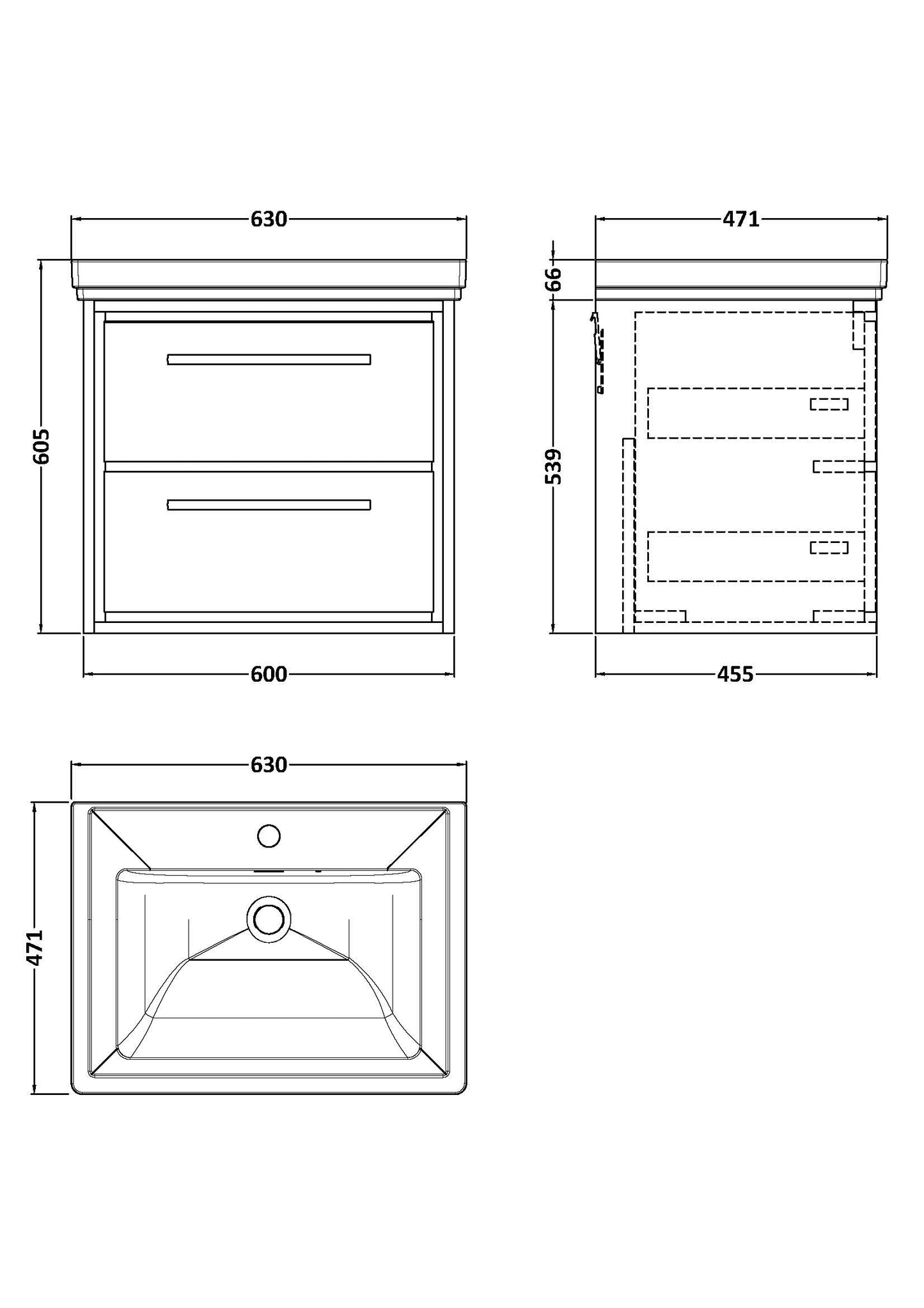 Hudson Reed 600mm Wall Hung 2-Drawer Vanity with Basin - 1 Tap Hole