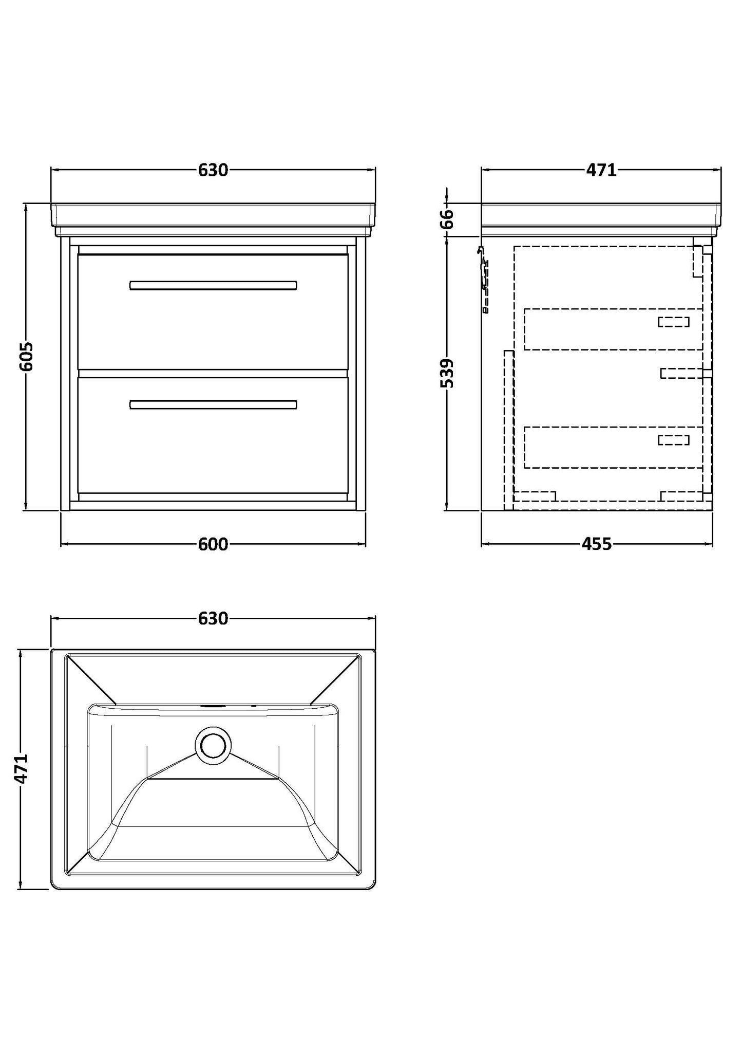 Hudson Reed 600mm Wall Hung 2-Drawer Vanity with Basin - 0 Tap Hole