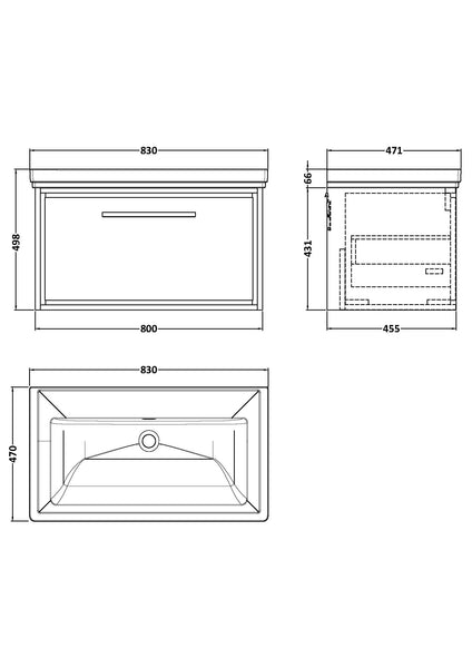 Hudson Reed 800mm Wall Hung Single Drawer Vanity with Basin - 0 Tap Hole