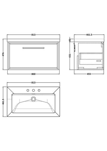Hudson Reed 800mm Wall Hung Single Drawer Vanity with Basin - 3 Tap Hole