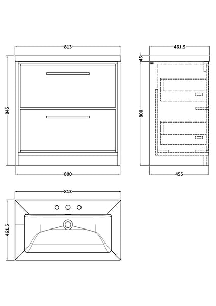 Hudson Reed 800mm Floor Standing 2-Drawer Vanity with Basin - 3 Tap Hole