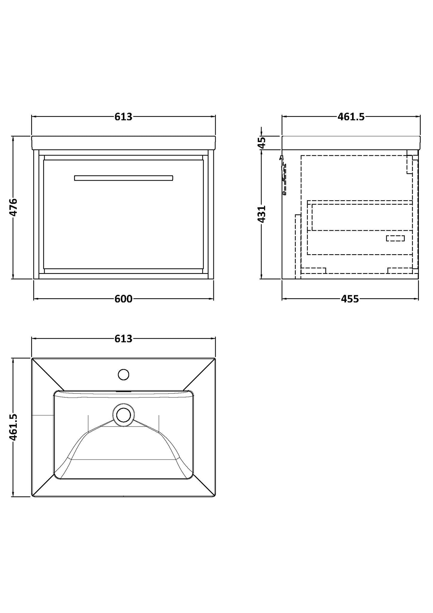 Hudson Reed 600mm Wall Hung Single Drawer Vanity with Basin - 1 Tap Hole