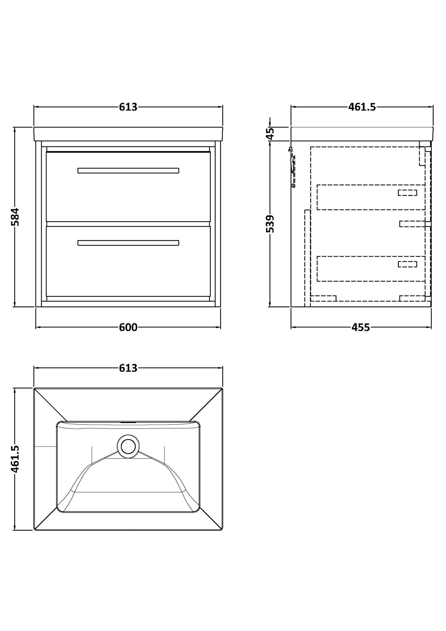 Hudson Reed 600mm Wall Hung 2-Drawer Vanity with Basin - 0 Tap Hole