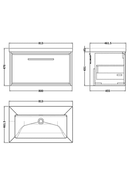 Hudson Reed 800mm Wall Hung Single Drawer Vanity with Basin - 0 Tap Hole