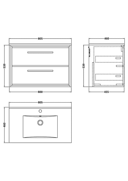 Hudson Reed 800mm Wall Hung 2-Drawer Vanity with Basin - 1 Tap Hole