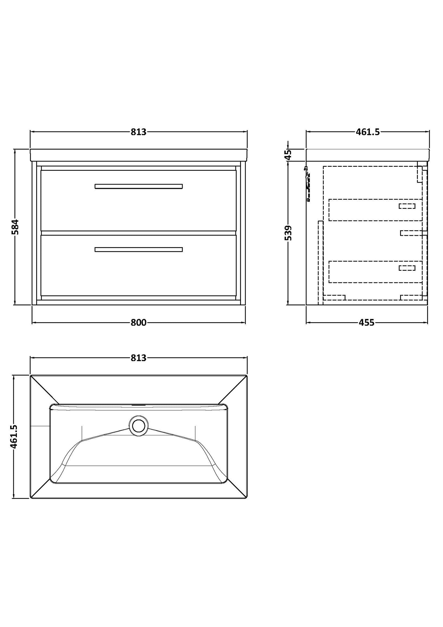 Hudson Reed 800mm Wall Hung 2-Drawer Vanity with Basin - 0 Tap Hole