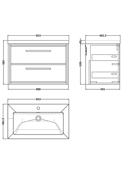 Hudson Reed 800mm Wall Hung 2-Drawer Vanity with Basin - 1 Tap Hole